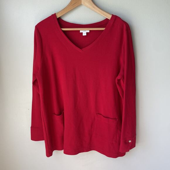 J Jill Womens Red ribbed V-Neck Long‎ Sleeve Top Pockets Size Large Scarlet Red - Picture 1 of 9